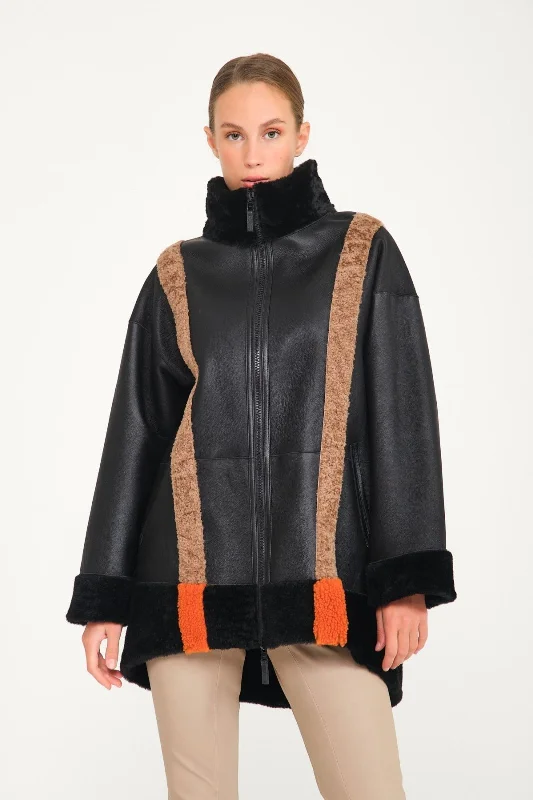 Black Shearling Double Face Leather & Fur Coat Houndstooth Jacket Shearling Jacket Fleece Jacket