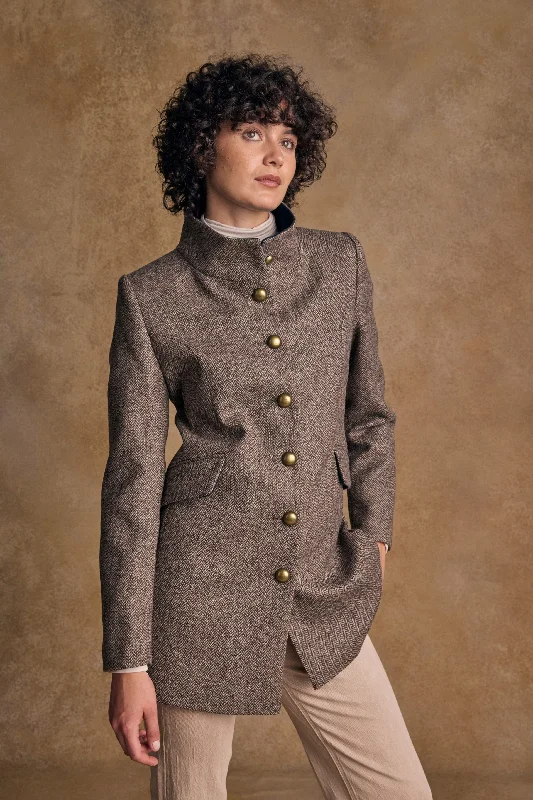 Lynn Tweed Coat - Light Tan Herringbone Tailored Straight A-Line