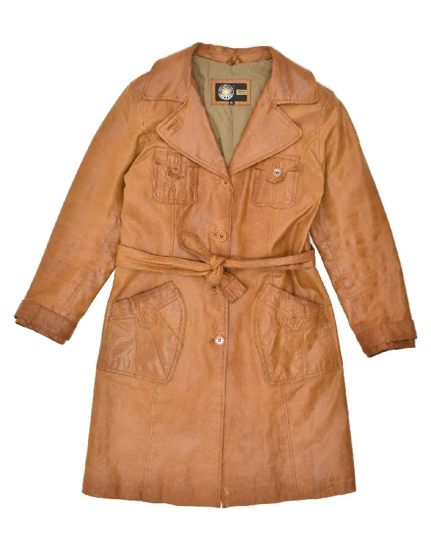 VINTAGE Womens Leather Coat IT 44 Medium Brown Stand-Up Roll-Neck Turtle