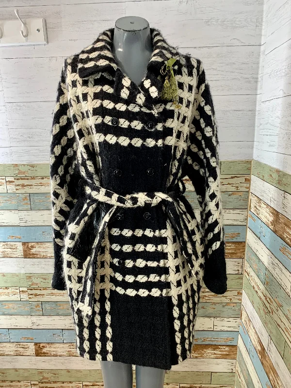 90’s Black and White Pattern Wool Coat by Dolce & Gabbana Pleated Ruffled tiered