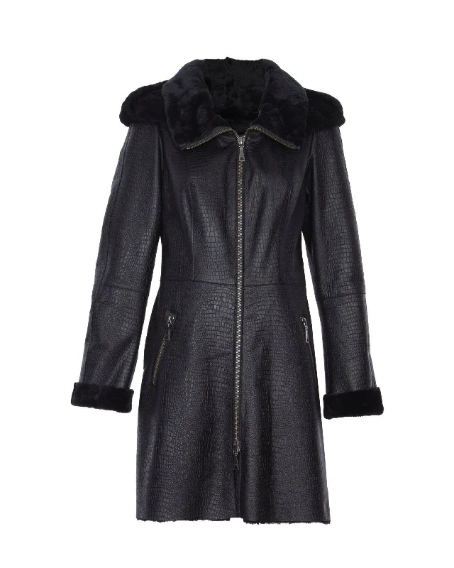 Black Long Shearling Coat Tailored Straight A-Line