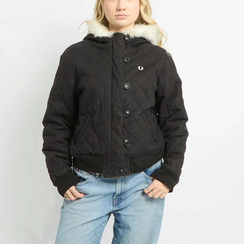 Fred Perry Quilted Fur Trimmed Hood Coat - L Tie-Waist Belted Drawstring