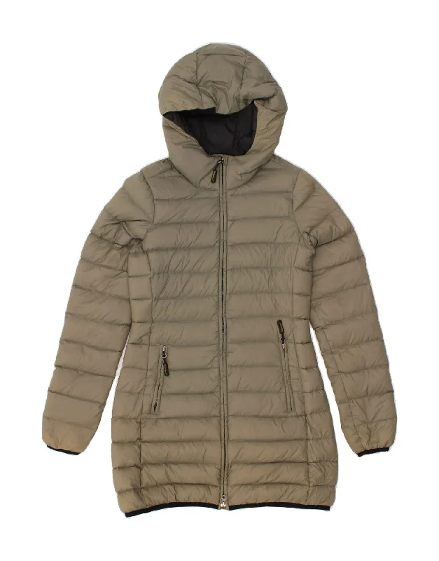REFRIGUE Womens Hooded Padded Coat UK 10 Small Beige Nylon Zip Front Button Front Snap Front REFRIGUE Womens Hooded Padded Coat UK 10 Small Beige Nylon Zip Front Button Front Snap Front