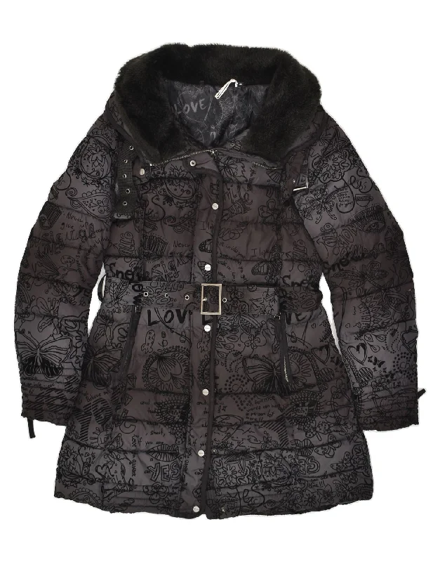 DESIGUAL Womens Graphic Hooded Padded Coat EU 42 Large Black Buttoned Zippered Snapped DESIGUAL Womens Graphic Hooded Padded Coat EU 42 Large Black Buttoned Zippered Snapped