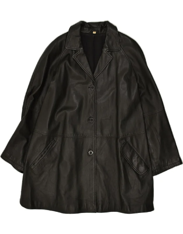 VINTAGE Womens Leather Coat EU 42 Large Black Leather Plaid Tartan Floral