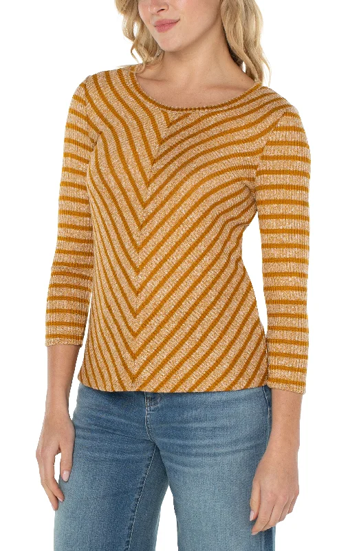 Liverpool 3/4 Miter Front Scoop Neck Knit Top (Gold Stripe) High Neck Knit Top