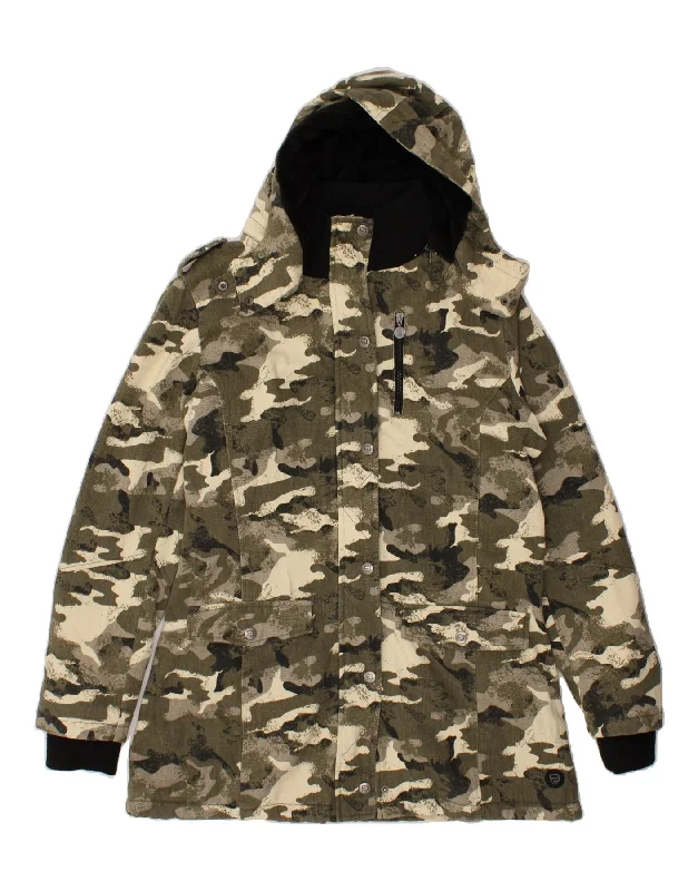 VINTAGE Womens Hooded Windbreaker Coat UK 20 2XL Khaki Camouflage Cotton Pleated Ruffled tiered