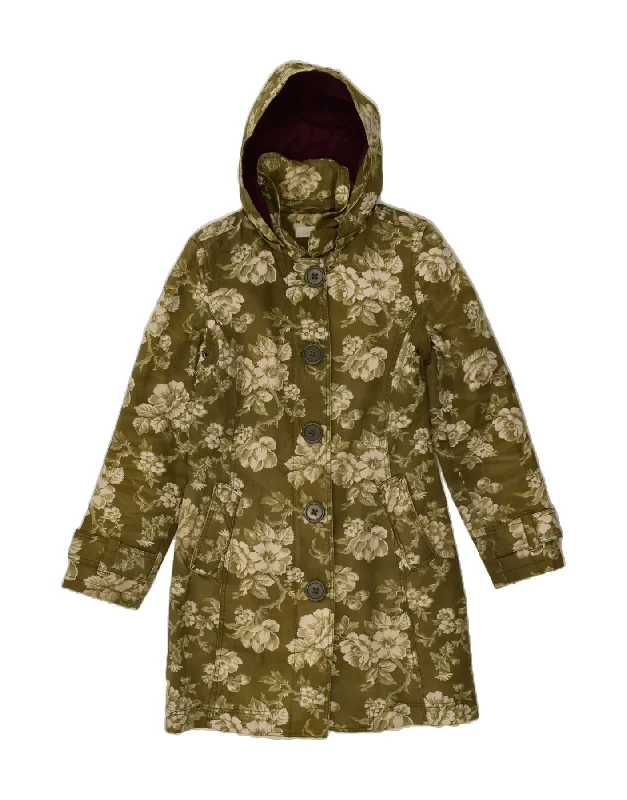 BODEN Womens Hooded Windbreaker Coat UK 10 Small Green Floral Cotton Suede Faux Fur Shearling