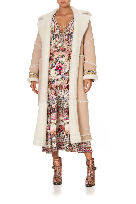 LONG SUEDE SHEARLING COAT FLOW ISTENANYA Boat Shawl Notched