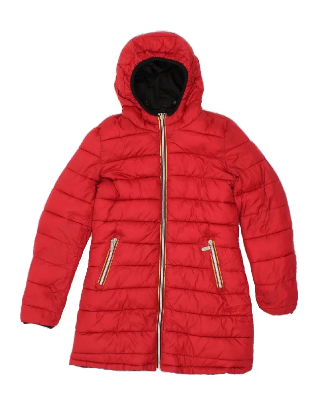 K-WAY Womens Reversible Hooded Padded Coat UK 10 Small Red Polyester Asymmetrical Collar Hooded Zippered