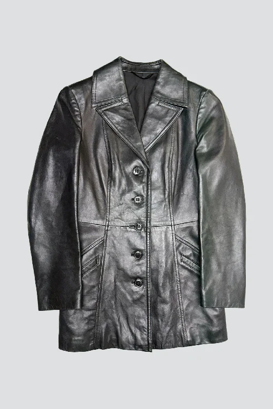 Black Leather Panel Blazer Women's Navy Jacket