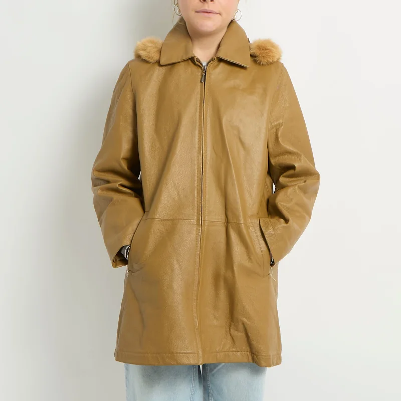 Leather Fur Hood Trench Coat - UK 12 Blazer Duffle Coat Pea Coat
