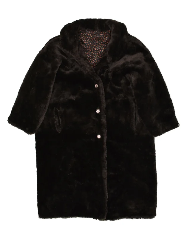VINTAGE Womens 3/4 Sleeve Faux Fur Coat UK 20 2XL Brown Rayon Velvet Corduroy