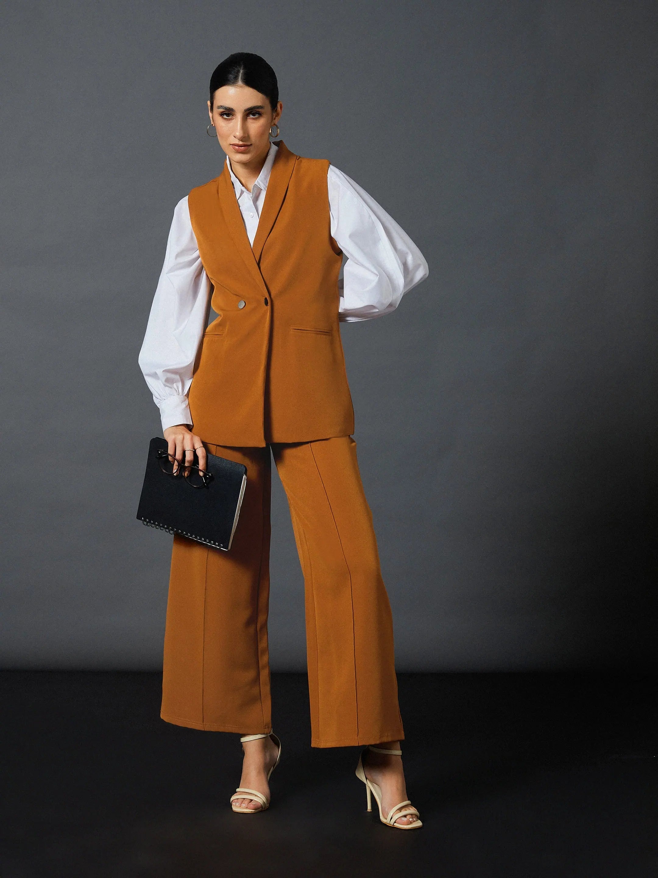Women Mustard Sleeveless Blazer With Darted Palazzo Pants Women's Custom Jacket