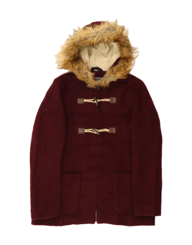 FAT FACE Womens Hooded Duffle Coat UK 12 Medium Maroon Wool Trench Raincoat Windbreaker