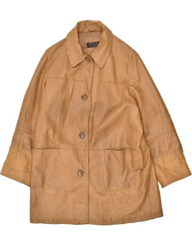 VINTAGE Womens Leather Coat IT 50 XL Brown Leather Print Jacquard Embroidered