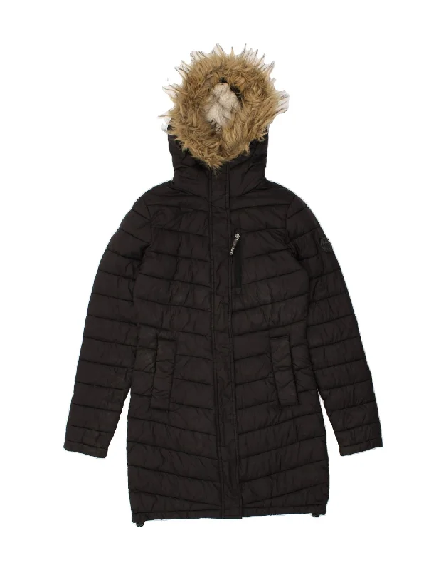 SUPERDRY Womens Hooded Padded Coat UK 6 XS Black Polyester Fitted Loose Oversized