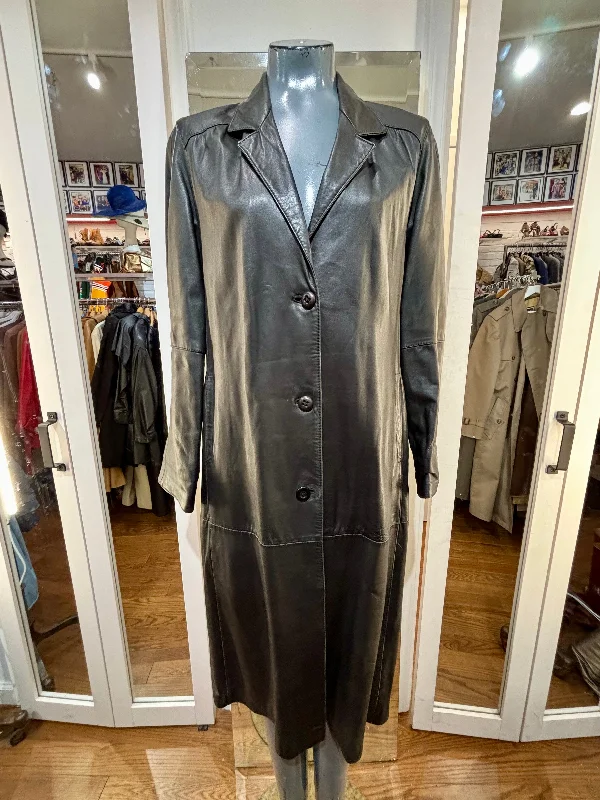 90’s Black Leather Long Coat By Alkona Houndstooth Coat Plaid Coat Tartan Coat