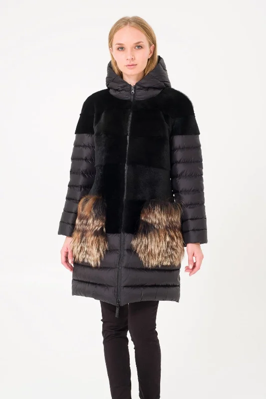 Black Long Shearling Puffer Coat Shawl Collar Notch Collar Lapel Collar