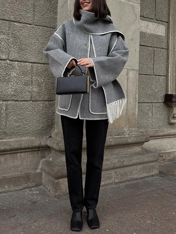 Fringe Wool Blend With Scarf Coat Blouse Shirt Tunic
