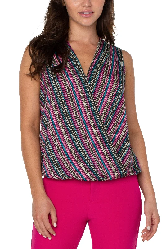 Liverpool Sleeveless V Neck Drape Front Knit Top (Text Multi Stripe) Short Sleeve Knit Top Liverpool Sleeveless V Neck Drape Front Knit Top (Text Multi Stripe) Short Sleeve Knit Top