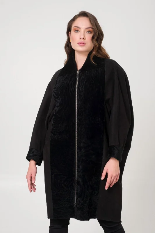 Black Shearling Coat Zip Front Button Front Snap Front