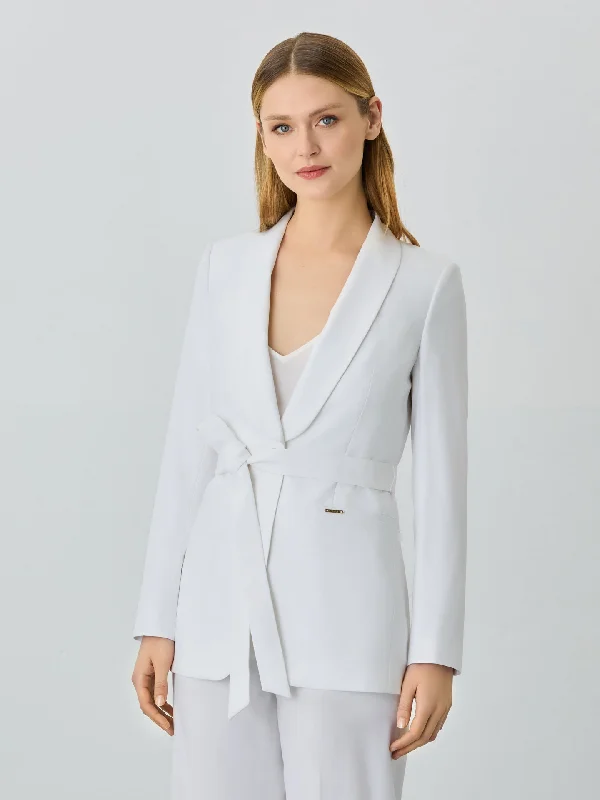 Single-Breasted White Suit Blazer In Rayon Blend With Belt Women's Brand Blazer