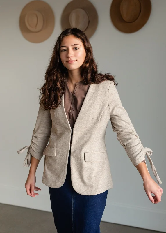 Oatmeal Cinch Sleeve Button Front Blazer Slim Fit Blazer