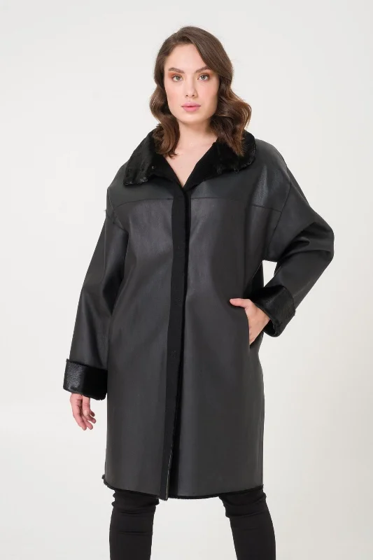 Black Doubleface Coat Tie-Waist Belted Drawstring