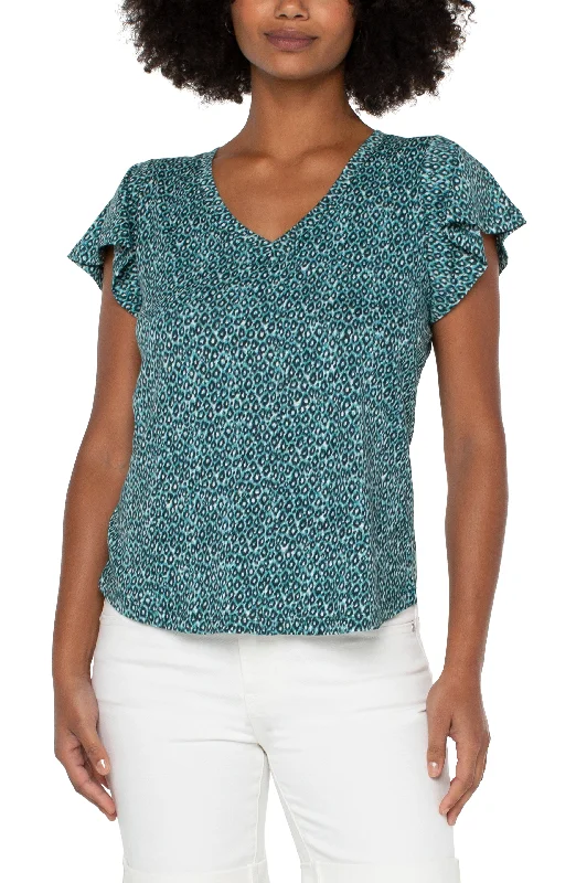 Liverpool v-neck flutter sleeve knit top (teal) Ribbed Knit Shirt