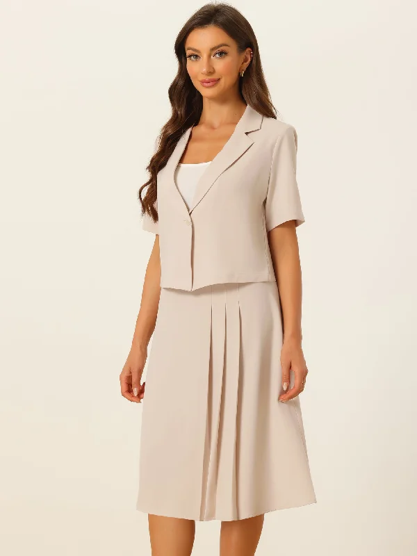 Business Casual Short Sleeves Notched Lapel Blazer & Pleated Midi Skirt Suit Set Women's Luxurious Jacket