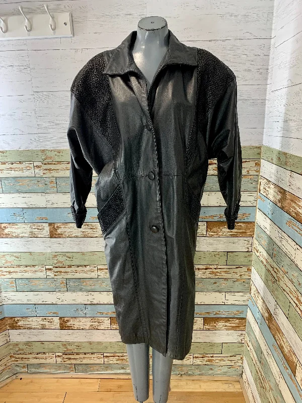 90’s Black Long Leather Coat with Textured Crackel Satin Silk Chiffon