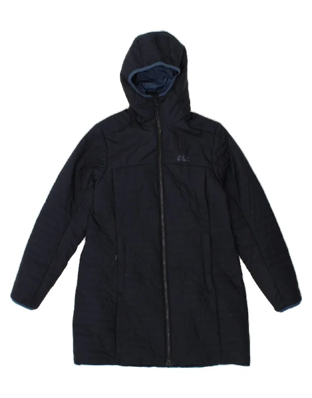 JACK WOLFSKIN Womens Hooded Padded Coat UK 12 Medium Navy Blue Striped Trim Padded Insulated