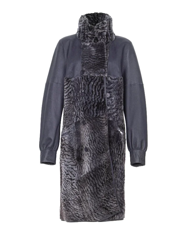 Navy Long Shearling Coat Faux Fur Real Fur Shearling