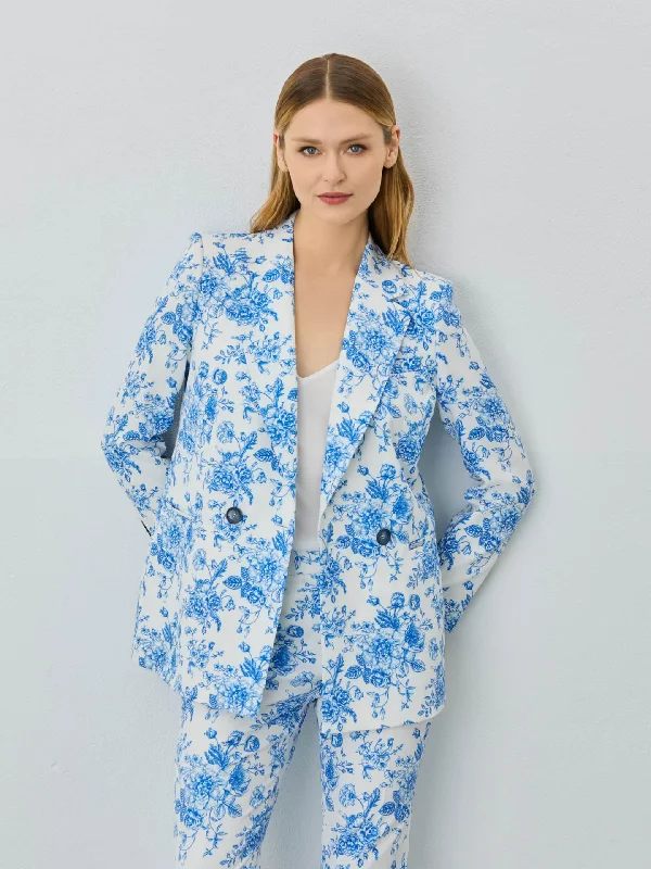 Double-Breasted Suit Blazer In Rayon Blend With Floral Print Women's Designer Suit