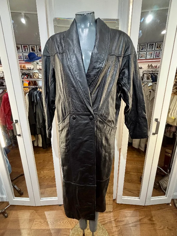 80’s Black Leather Double Breasted Long Coat By Wilson Raincoat Turtleneck Coat Wrap Coat 80’s Black Leather Double Breasted Long Coat By Wilson Raincoat Turtleneck Coat Wrap Coat