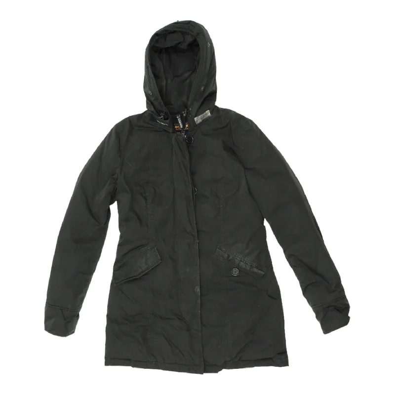 Woolrich Womens Black Zip Up Padded Coat | Vintage High End Designer Hooded VTG Houndstooth Jacket Shearling Jacket Fleece Jacket Woolrich Womens Black Zip Up Padded Coat | Vintage High End Designer Hooded VTG Houndstooth Jacket Shearling Jacket Fleece Jacket