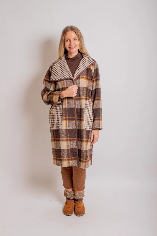 Brown Plaid Coat Print Jacquard Embroidered