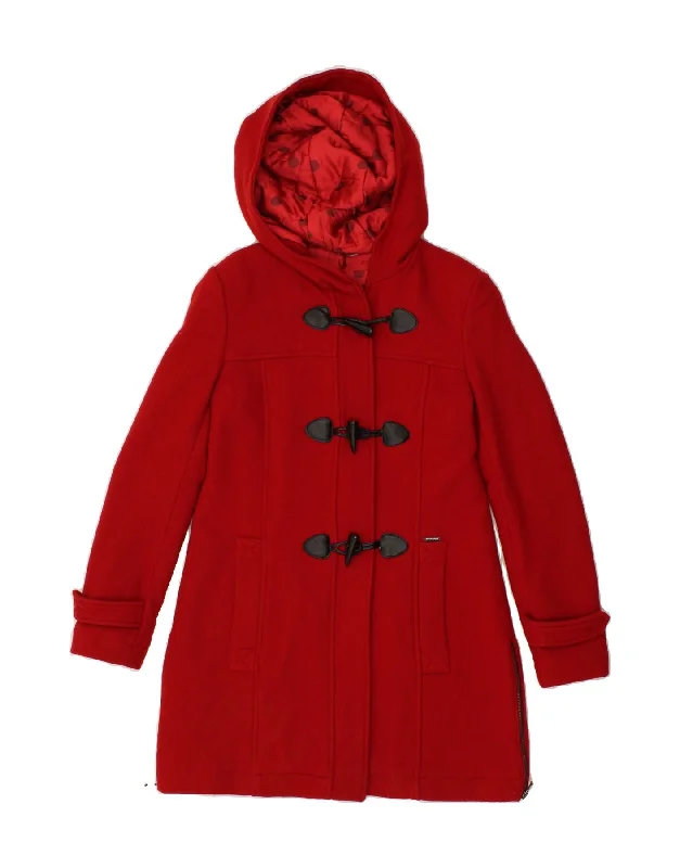 LIU JO Womens Hooded Duffle Coat IT 42 Medium Red Wool Striped Polka Dot Solid