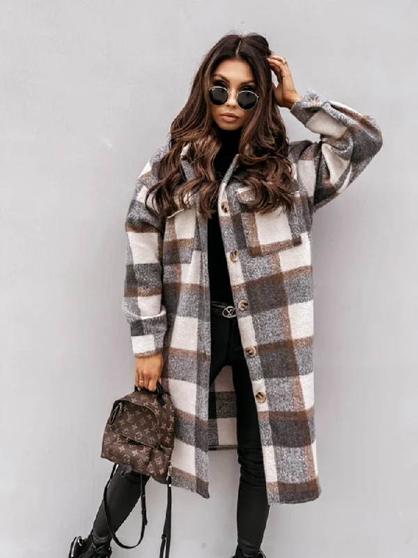 Women Winter Woolen Coats Female Plaid Print Retro Warm Thick Plaid Shirt Long Jacket Fleece Jacket Down Jacket Parka Fleece Jacket Down Jacket Parka