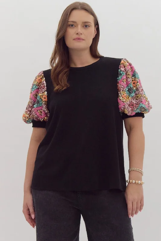 Sequin Perfection Black Knit Top Scoop Neck Knit Tee