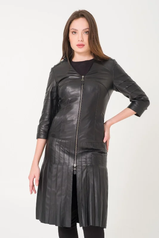 Black Leather Coat Solid Print Jacquard