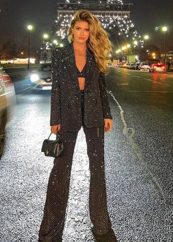 3 Piece Sets Blazer Pants Suits Women Black Bling Single Button Long Blazer Flared Pants Formal Sets High Quality Women's Warm Suit