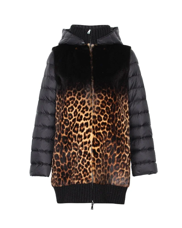 Black Leopard Pattern Fur Coat Lapel Coat Peter Pan Collar Coat Cowl Neck Coat