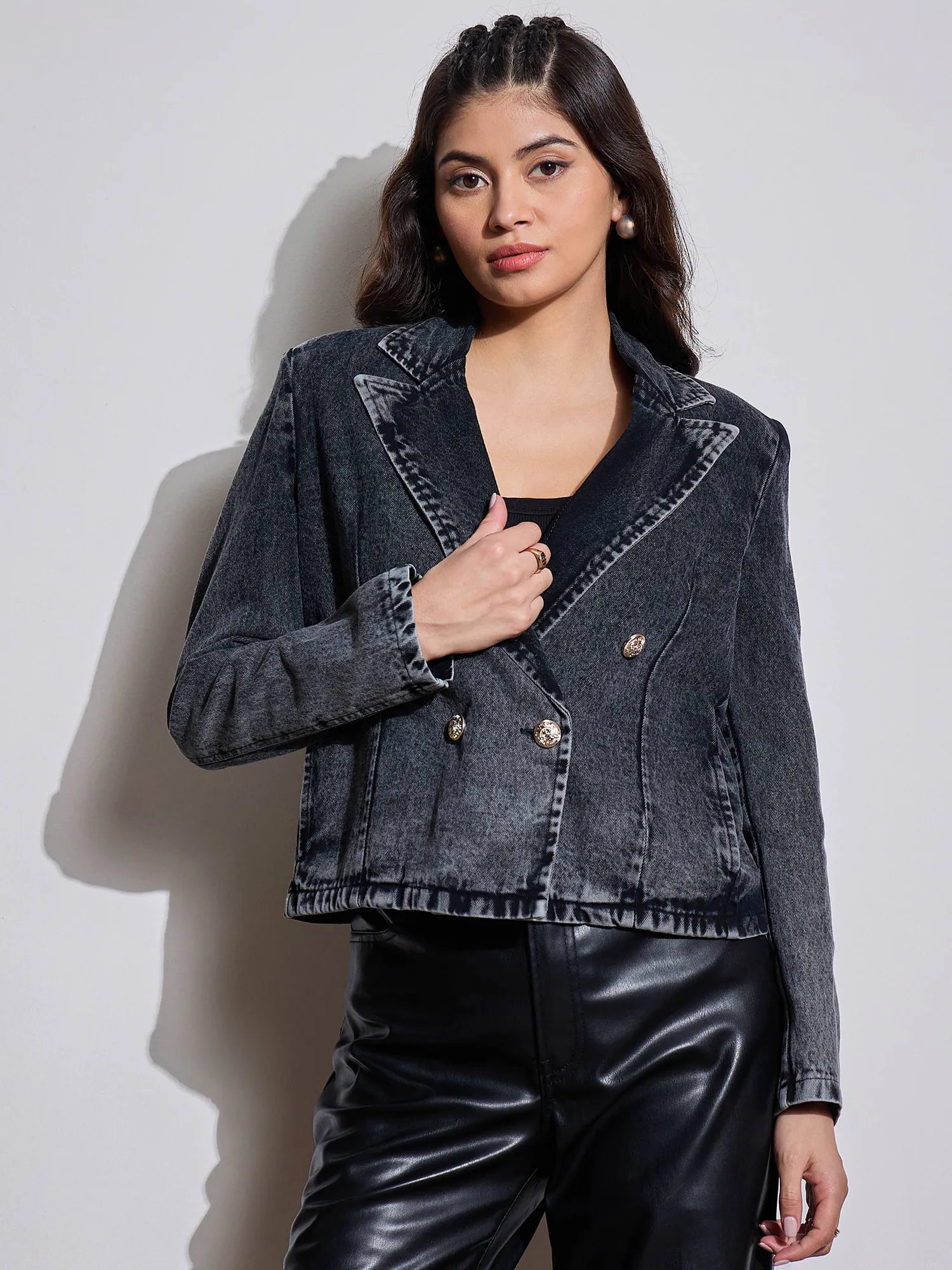 Women Black Denim Front Button Notch Collar Crop Blazer-SFJCKT6957 Women's Elegant Jacket Women Black Denim Front Button Notch Collar Crop Blazer-SFJCKT6957 Women's Elegant Jacket