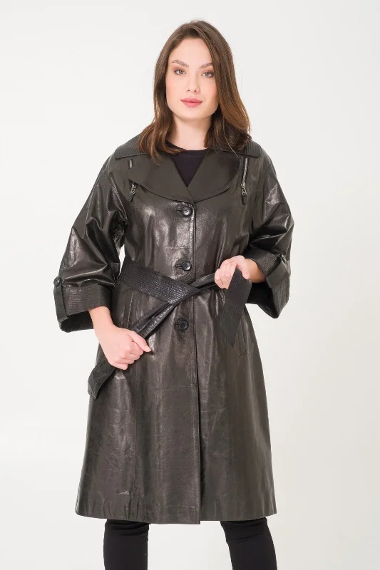 Black Leather Coat Buttoned Zippered Snapped