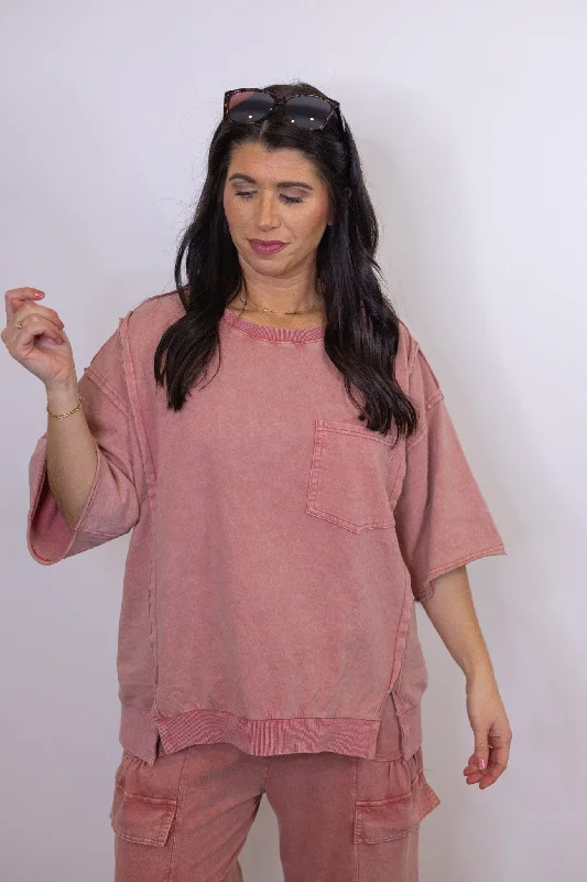 Vintage Trends Washed Rose Knit Top Lightweight Knit Tee