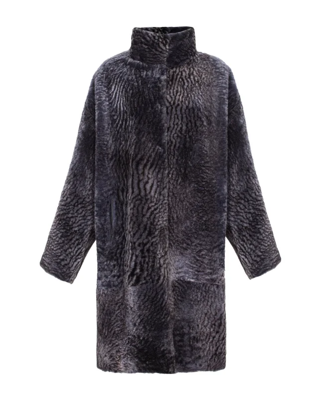 Navy Long Shearling Coat Chenille Brocade Lace