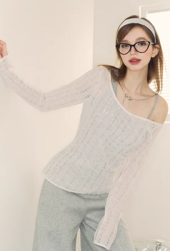 Inner Docking Asymmetrical Perforated Sheer Knit Top SPE0053 Striped Knit Top