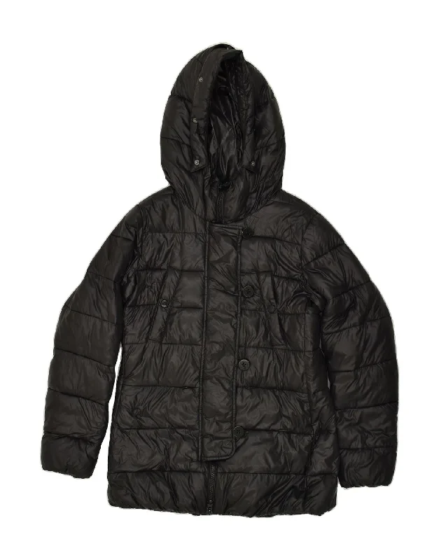 GAS Womens Hooded Padded Coat IT 44 Medium Black Cuffed Rolled Raglan